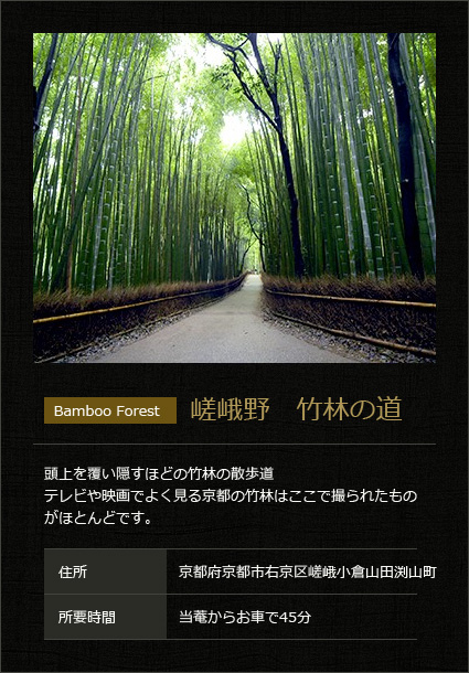 嵯峨野　竹林の道 頭上を覆い隠すほどの竹林の散歩道
テレビや映画でよく見る京都の竹林はここで撮られたものがほとんどです。